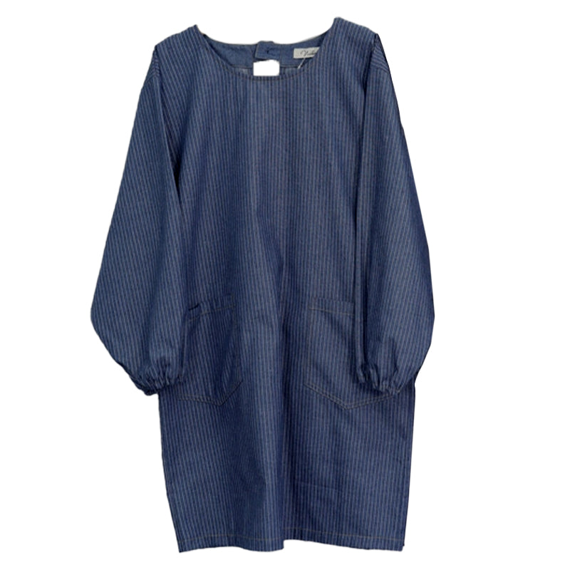 割烹着 デニム エプロン 長袖 レディース シンプル 無地 ストライプ 綿混 90cm 女性 無地 可愛い かわいい スモック 大人用 ポケット かっぽう着 割烹 着 かっぽうぎ