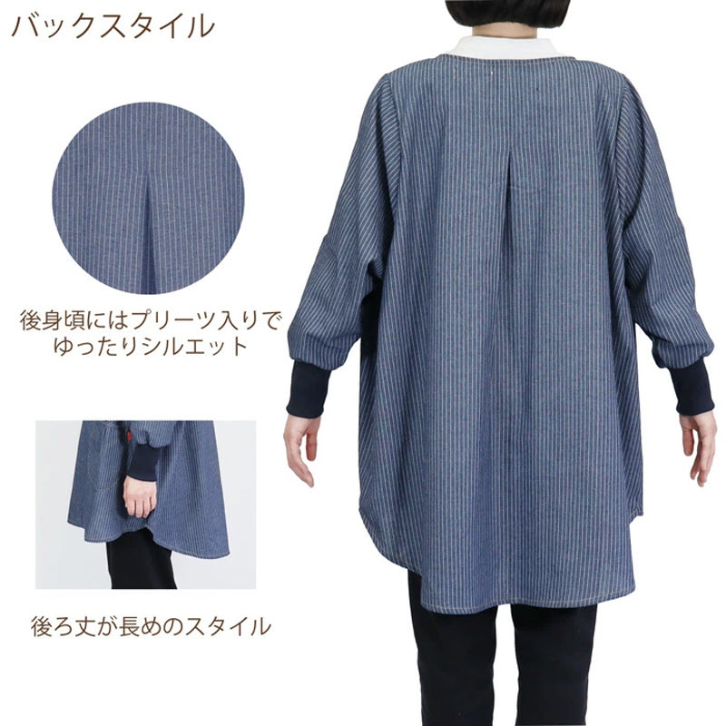 スモック 大人 かぶるだけ デニム 割烹着 エプロン 長袖 シンプル 無地 ストライプ 綿混 82cm スモック ワンピース ポケットあり 女性用 婦人用 家庭菜園 炊事 水屋 料理 キッチン用品 家事 母の日 お母さん 丈夫 キッチン (在庫限り)