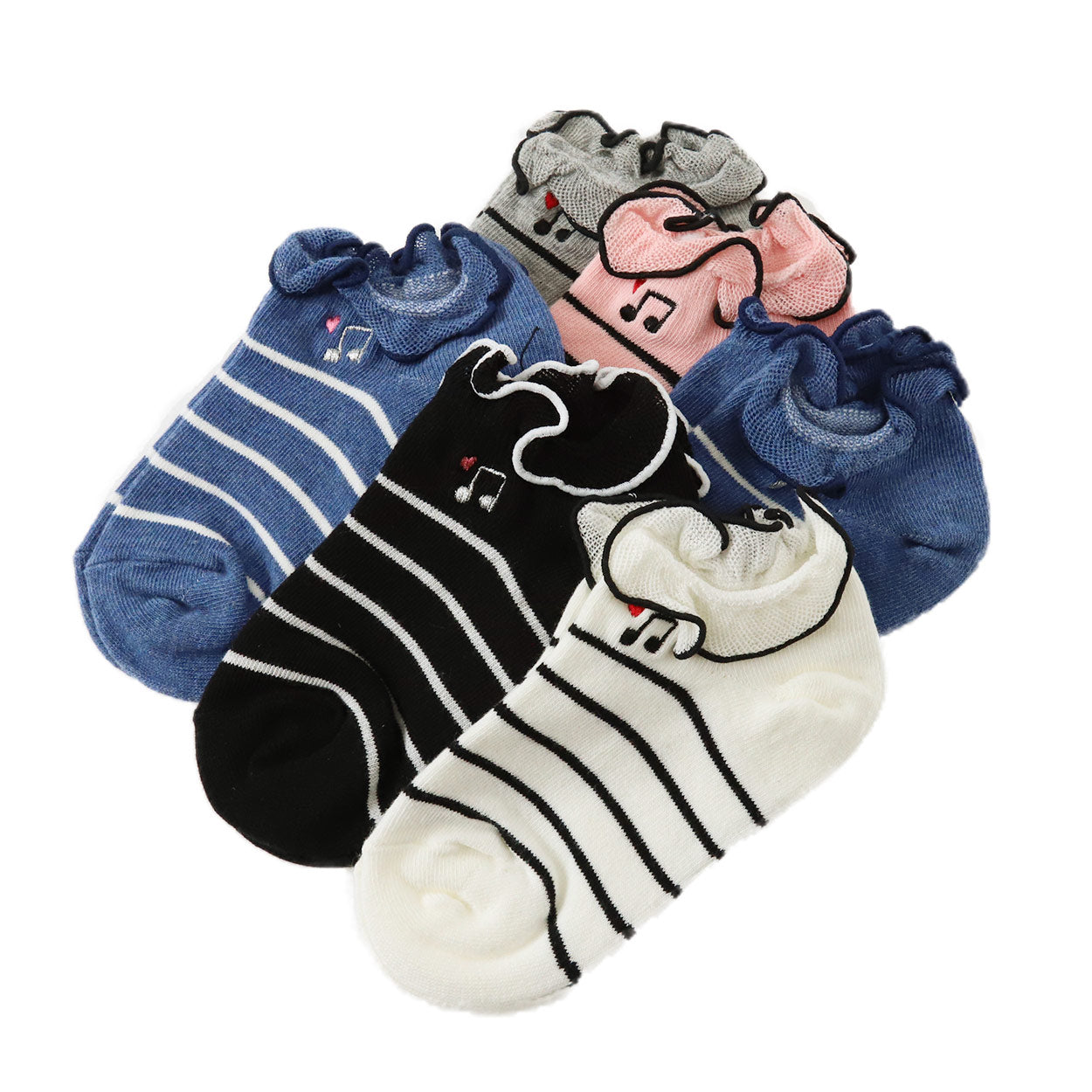 【 お得 】 キッズ ソックス 靴下 女子 女の子 スニーカーソックス 6足組 16-18cm~22-24cm (スニーカー丈 綿混 ソックス くつ下 くつした リボン ドット 音符) (在庫限り)