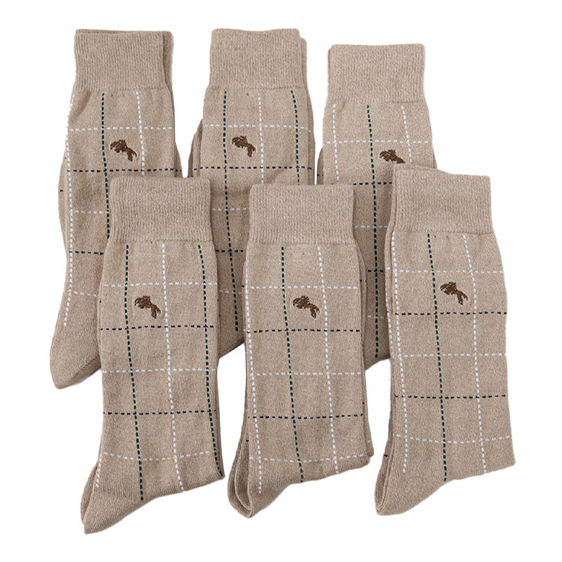 BHR格子チェック メンズハイソックス 6足組 25-27cm(メンズ ソックス 靴下 格子 チェック ハイソックス 黒 ベージュ 紺 ネズミ色) (在庫限り)