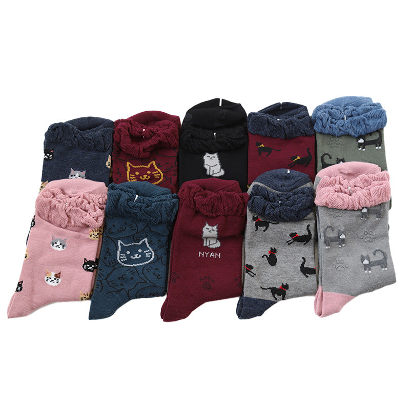 OriginalSocks レディーズ靴下 綿混 10足組 22-24cm (レディース クルー丈 靴下 ソックス くつ下 くつした 猫 ネコ cat キャラ ねこ) (在庫限り)