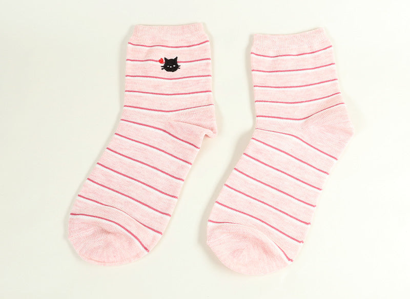 【 お得 】レディース ショートソックス 6足組 22-24cm (女性 靴下 ソックス くつ下 くつした 柄 猫 ボーダー) (在庫限り)