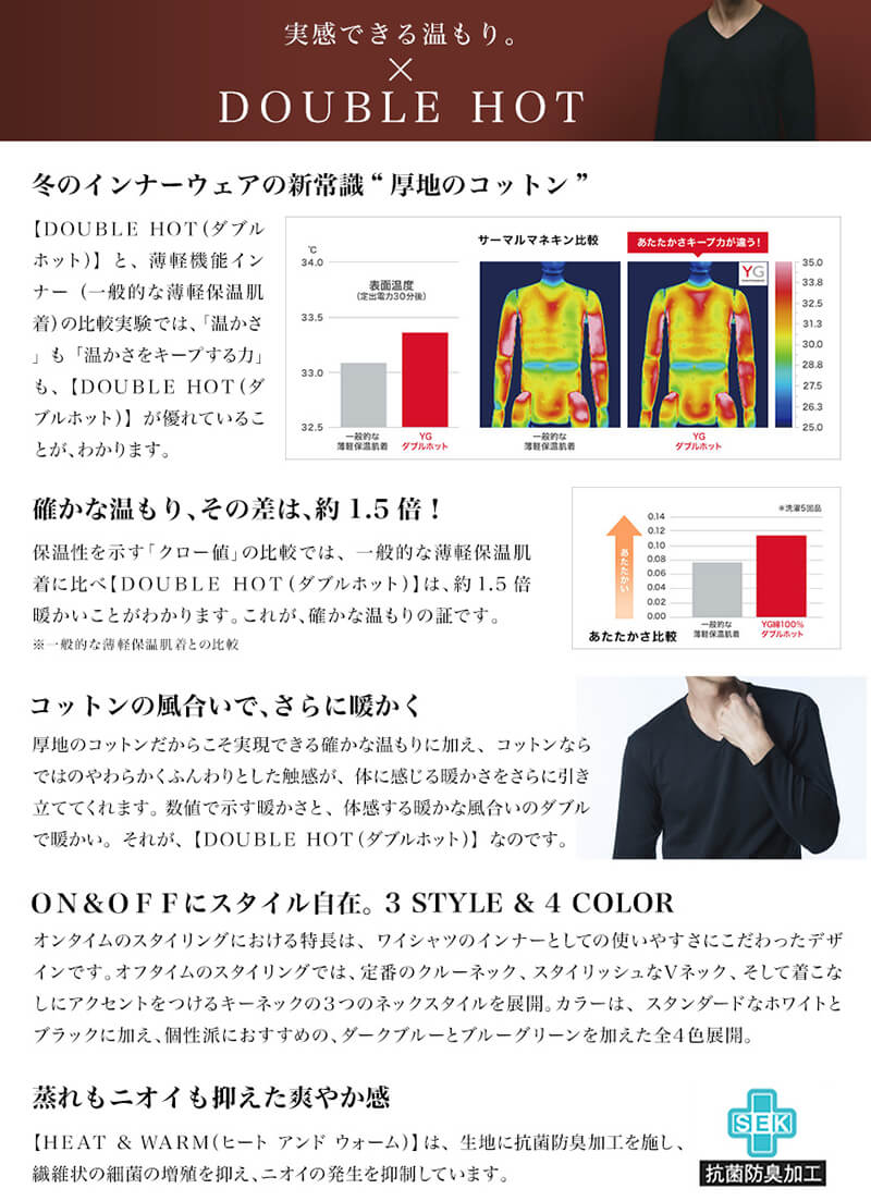 グンゼ YG DOUBLE HOT メンズ クルーネックTシャツ(丸首) M~LL (GUNZE ワイジー インナーシャツ アンダーシャツ アンダーウェア アンダーウェアー 肌着 トップス インナー 暖かい) (在庫限り)