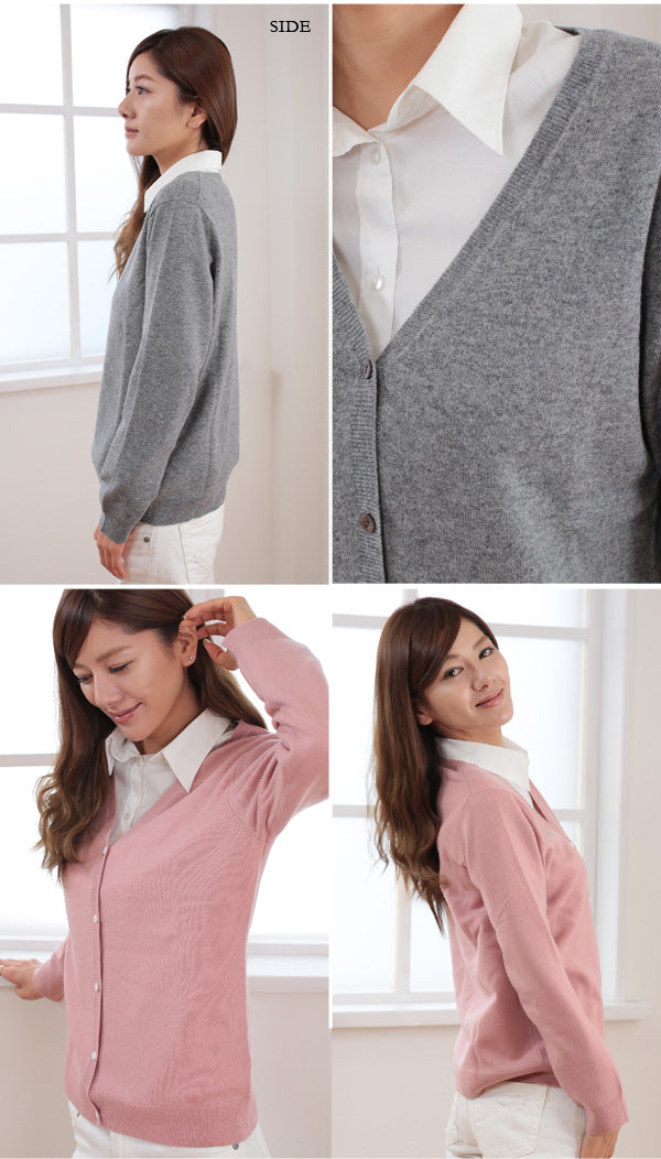 アルカディアルカ レディース長袖Vネックカーディガン M~3L (カシミア100% ニット カーディガン vネック 制服 黒 グレー ベージュ) (送料無料) (在庫限り)