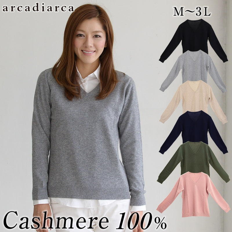 アルカディアルカ レディース 長袖 Vネックセーター M~3L (カシミア カシミア100% vネック Vネック きれいめ オフィス カジュアル スクール トップス 大きいサイズ プルオーバー 秋冬) (送料無料) (在庫限り)