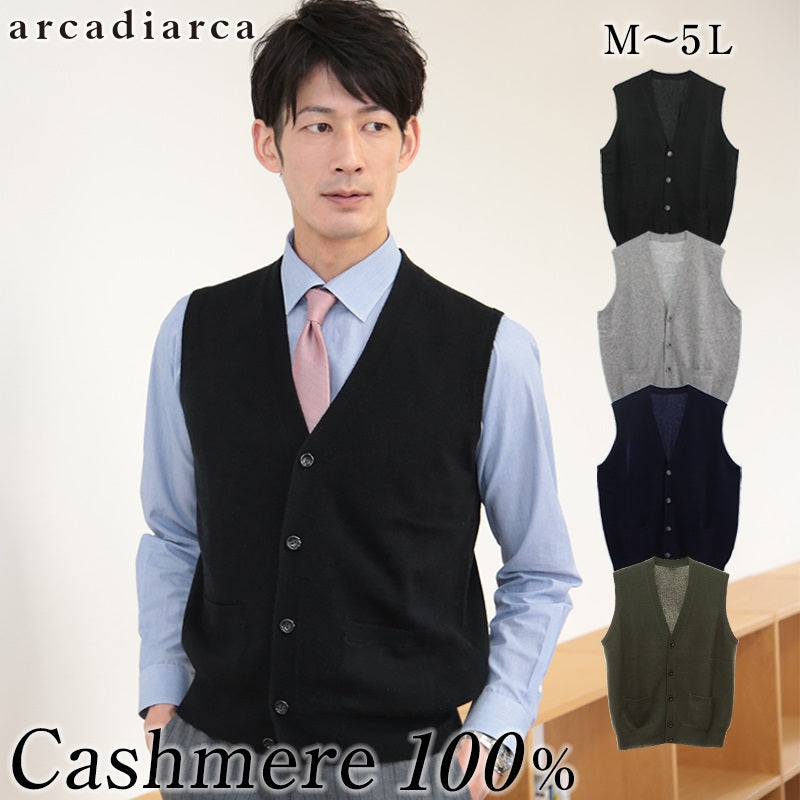 カシミヤ100% 前開きベスト メンズ M~5L (カシミヤ カシミア セーター 男 ニット ベスト カシミヤ100 カシミア100% 無地 防寒 大きいサイズ ギフト プレゼント arcadiarca) (送料無料) 【在庫限り】