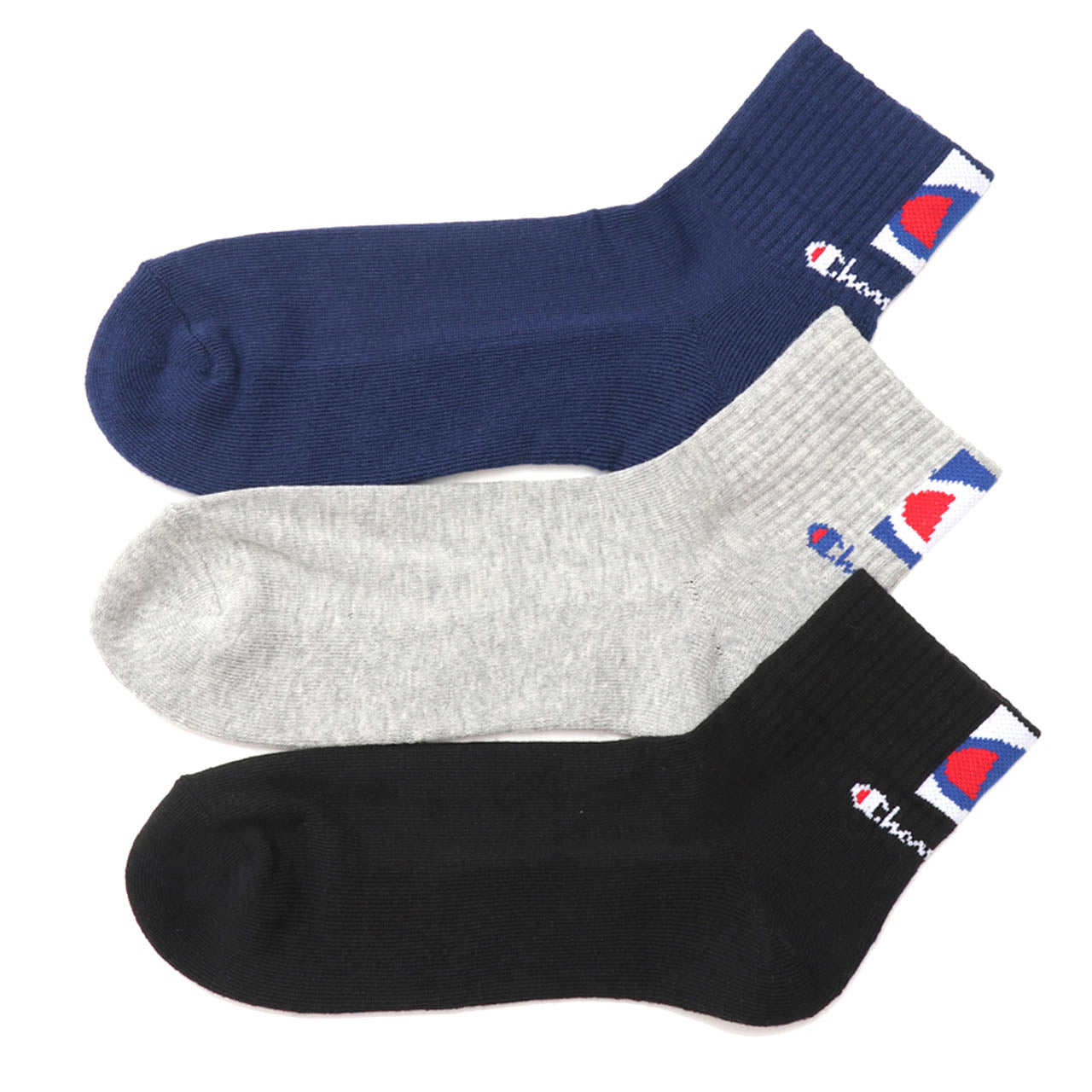 チャンピオン 靴下 ソックス メンズ 3足 セット 白 黒 グレー ネイビー スポーツ ジム クルー丈 厚手 25-27cm (champion まとめ買い ロゴ 綿素材 クルーソックス) (在庫限り)