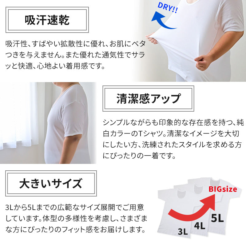 大きいサイズ 半袖 U首 クルーネック メンズ 綿100 3L～5L (吸水速乾 コットン ビッグ ロング 大寸 白t 大きめ でかい ぽっちゃり 肥満 マッチョ 筋肉 体型カバー 3L 4L 5L)