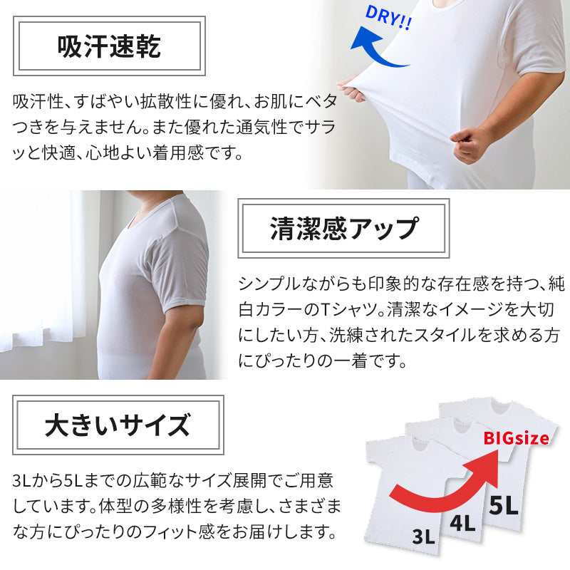 大きいサイズ 半袖 丸首 クルーネック メンズ 綿100 3L～5L (吸水速乾 コットン ビッグ ロング 大寸 白t 大きめ でかい ぽっこり 肥満 マッチョ 筋肉 体型カバー 3L 4L 5L)