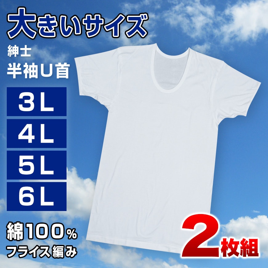 メンズ 半袖 tシャツ 大きいサイズ 綿100% Uネック 2枚組 3L～6L (下着 Tシャツ シャツ 男性 U首 白 無地 肌着 インナー  インナーウェア 3l 4l 5l 6l)