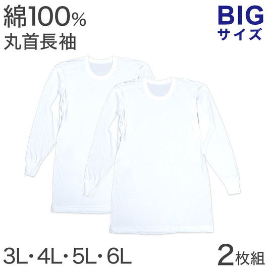 綿100％ 長袖 丸首 シャツ 2枚組 フライス 3L 4L 5L 6L メンズ 肌着 下着 アンダーウェア インナー 白シャツ 白 ホワイト 無地 大きいサイズ コットン 3l 4l 5l 6l