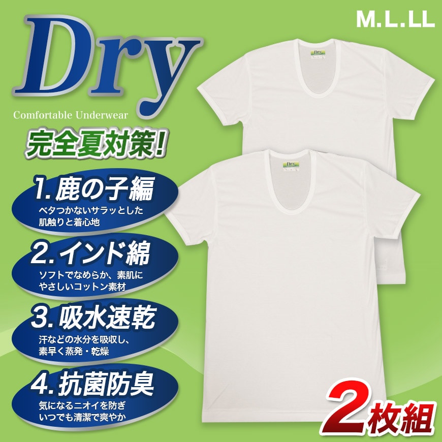 Tシャツ メンズ 半袖U首シャツ インナー 2枚組 M～LL (男性 紳士 肌着 半袖 ｔシャツ Uネック インナーウェアー 夏 吸水速乾 吸汗速乾  抗菌防臭 鹿の子編み M L LL) (在庫限り)