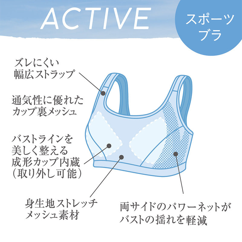 スポーツブラ レディース 揺れ軽減 パワーネット内蔵 ノンワイヤー ブラジャー 2枚セット M L LL 3L ストレッチメッシュ 吸汗速乾 取り外しカップ 太幅ストラップ Uバック アツギ クリアビューティアクティブ 大人 ミセス ジム ヨガ ウォーキング