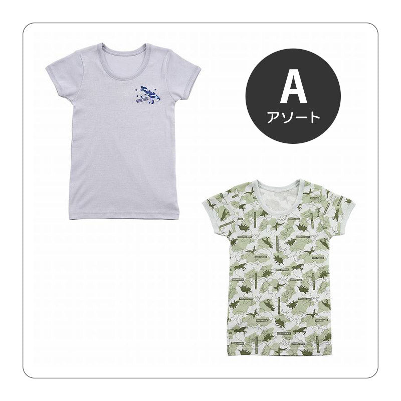 男児 綿100 インナー キッズ 半袖シャツ 半袖丸首シャツ 2枚組 100cm～140cm 柄 Tシャツ 半袖 丸首 クルーネック 男の子 子供 吸汗 綿 コットン 100 110 120 130 (在庫限り)