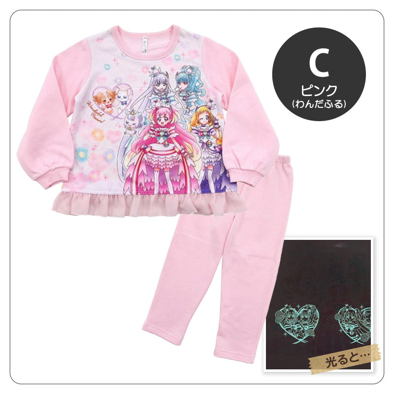 光るパジャマ プリキュア パジャマ 裏起毛 長袖 女の子 キッズ トレーナー 光る 冬 上下セット 100cm～130cm 110cm 120cm 女児 子供 わんだふるぷりきゅあ！ ひろがるスカイ！プリキュア お泊り保育