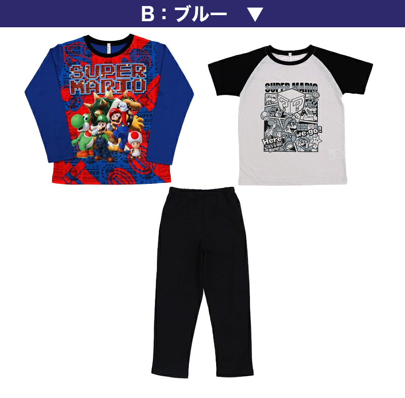 スーパーマリオ キッズ 光るパジャマ 半袖 長袖 男の子 上下セット 110～130cm マリオ 子供 ルームウェア 子供服 男児 長ズボン お泊り保育 (在庫限り)