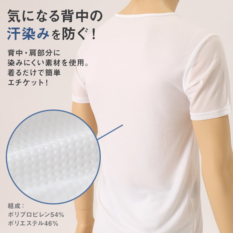 メンズ 汗取りインナー 半袖 丸首 接触冷感 M L LL 背中 汗染み 運動 スポーツ 夏 男性 インナー 下着 肌着 白 黒 吸汗速乾 UV対策 紫外線対策 (在庫限り)