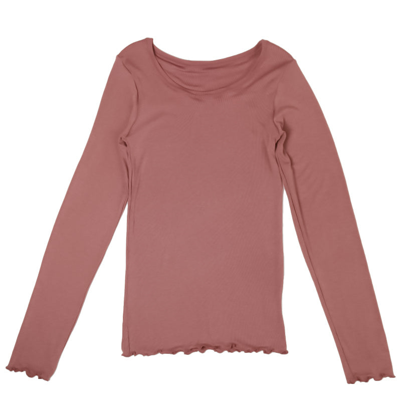 インナー 長袖 レディース シャツ 丸首 リブ M L LL 背当て付き 下着 肌着 女性 トップス 薄手 アンダーウェア 保温 ストレッチ 快適 あったかインナー 暖かい 温かい 秋 冬 ラウンドネック