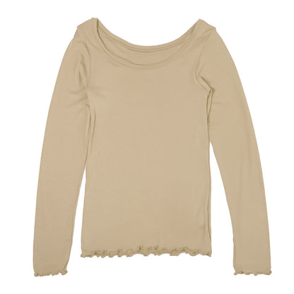 インナー 長袖 レディース シャツ 丸首 リブ M L LL 背当て付き 下着 肌着 女性 トップス 薄手 アンダーウェア 保温 ストレッチ 快適 あったかインナー 暖かい 温かい 秋 冬 広め ラウンドネック