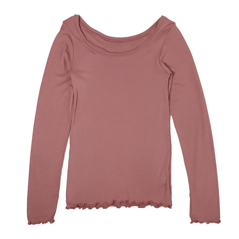 インナー 長袖 レディース シャツ 丸首 リブ M L LL 背当て付き 下着 肌着 女性 トップス 薄手 アンダーウェア 保温 ストレッチ 快適 あったかインナー 暖かい 温かい 秋 冬 広め ラウンドネック