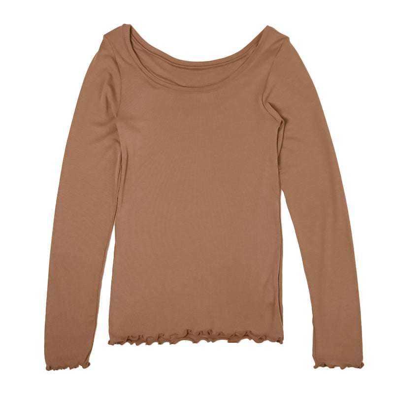 インナー 長袖 レディース シャツ 丸首 リブ M L LL 背当て付き 下着 肌着 女性 トップス 薄手 アンダーウェア 保温 ストレッチ 快適 あったかインナー 暖かい 温かい 秋 冬 広め ラウンドネック