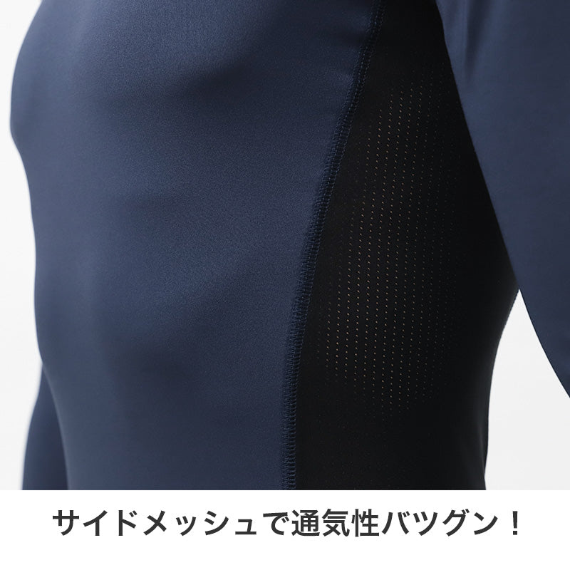メンズ 長袖 ハイネック インナー UVカット サイドメッシュ 速乾 M L LL ストレッチ 通気性 紫外線対策 長袖インナー アンダーシャツ メッシュ UV対策 作業着 スポーツ ドライ 吸汗速乾 ブラック ネイビー ワークインナー トレーニング 現場 作業用