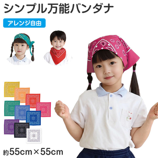バンダナ 55cm 大判 ペイズリー カラー キッズ 三角巾 55×55cm ヘアアクセサリー 首巻き 頭巻き スカーフ 運動会 体育祭 ダンス イベント フェス アウトドア カラフル 軽量 ノベルティ ペット ファッション小物 デザインバンダナ (取寄せ)
