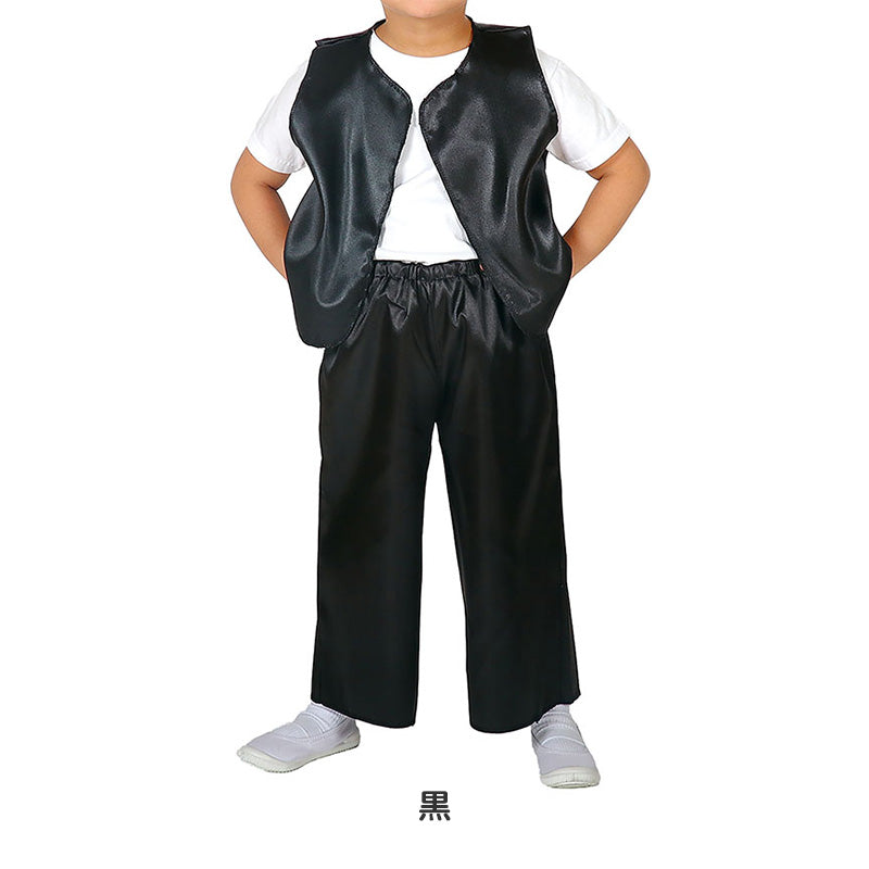 ダンス衣装 キッズ セット サテン ベスト ズボン 上下セット Cサイズ 子供用 ダンスコスチューム イベント衣装 発表会 運動会 衣装 黒 光沢素材 ステージ衣装 軽量 動きやすい 簡単コーデ ヒップホップ衣装 練習着 (取寄せ)
