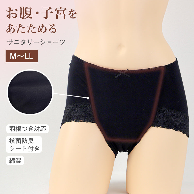 サニタリーショーツ 下着 レディース M L LL 綿混 ショーツ サニタリー 生理用ショーツ 汚れが目立たない パンツ 防水布 無地 レース 定番 黒 生理