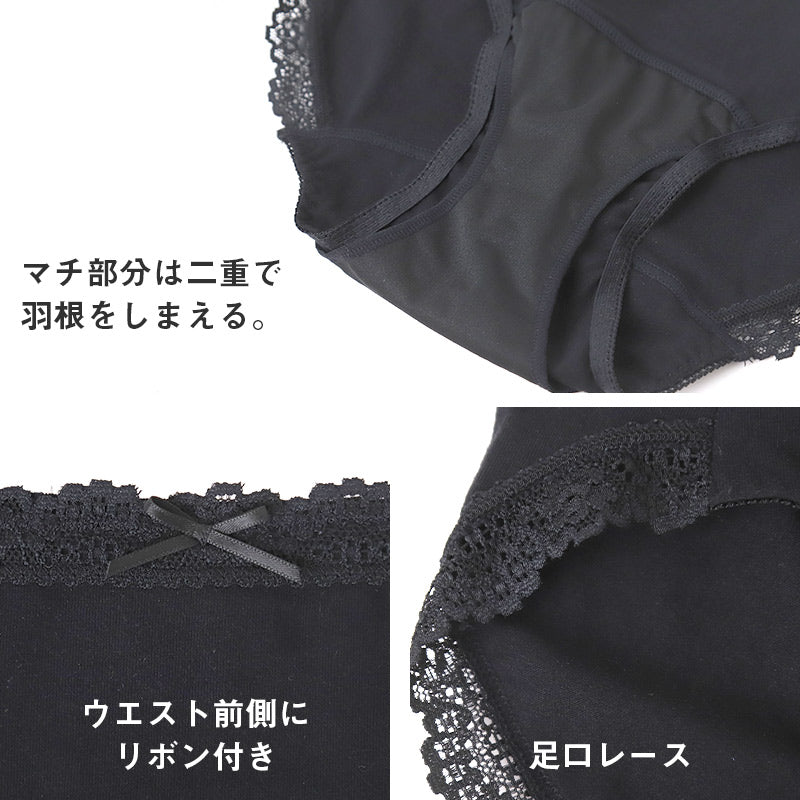 サニタリーショーツ 羽根つき デイリー用 綿 コットン 下着 レディース M L LL 綿混 ショーツ サニタリー 生理用ショーツ 汚れが目立たない パンツ 無地 レース 定番 黒 生理 肌に優しい
