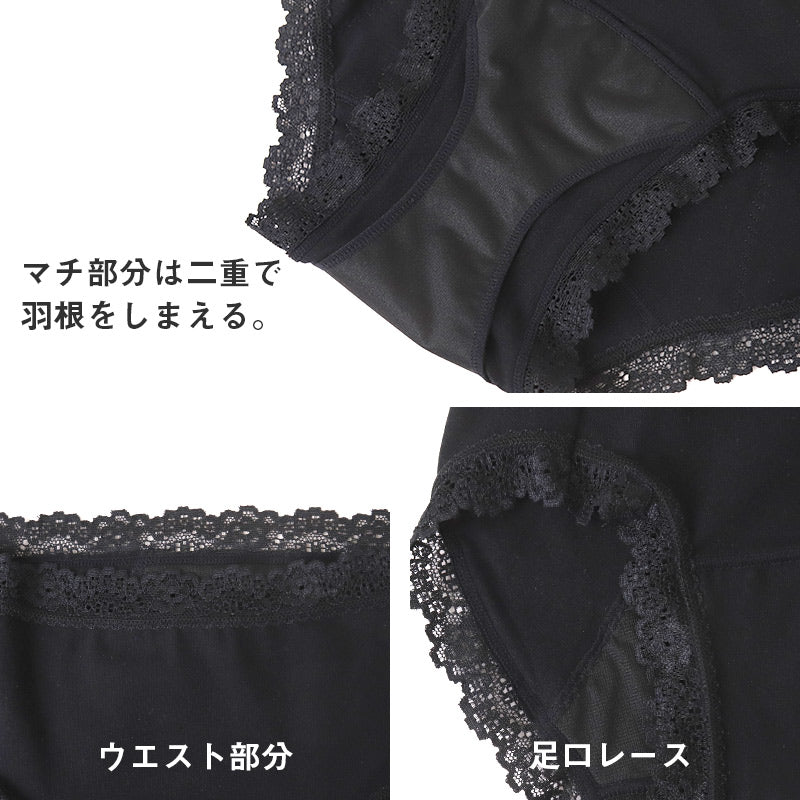 サニタリーショーツ 羽根つき ナイト用 綿 コットン 下着 レディース M L LL 3L 綿混 ショーツ サニタリー 生理用ショーツ 汚れが目立たない パンツ 無地 レース 定番 黒 生理 肌に優しい