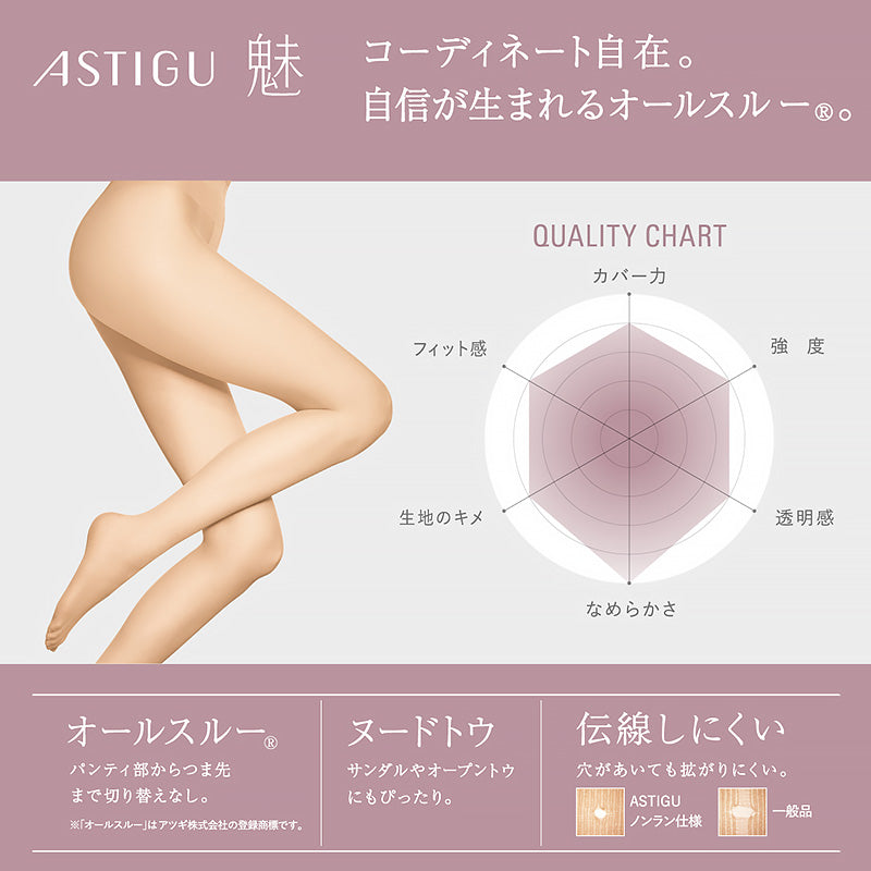 【3足セット】アスティーグ 魅 ストッキング レディース パンスト S-M～L-LL (ASTIGU パンティストッキング 婦人 黒 ベージュ  ブラウン 切り替えなし 伝線しにくい) (取寄せ)