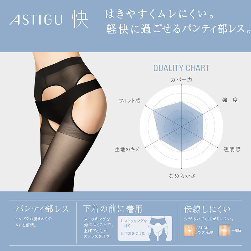 アスティーグ 快 ストッキング レディース パンティ部レス 蒸れにくい S-M～L-LL (パンスト ASTIGU パンティストッキング 婦人 サマーストッキング ベージュ 黒 UVカット) (在庫限り)