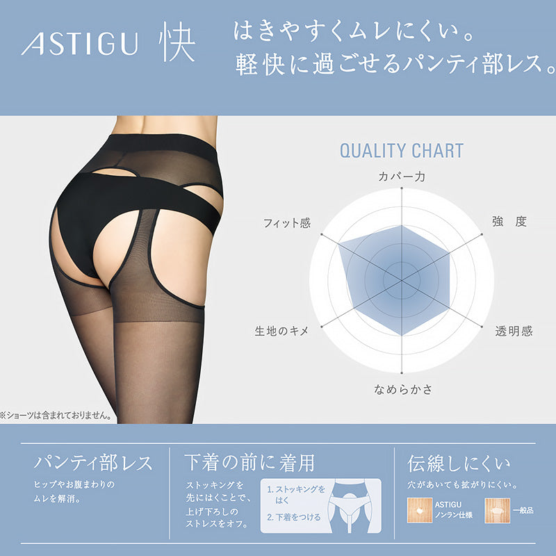 アスティーグ 快 ストッキング パンティ部レス レディース 蒸れにくい S-M～L-LL 穴あき パンスト アツギ ASTIGU パンティストッキング ベージュ 黒 婦人 サマー UVカット (在庫限り)