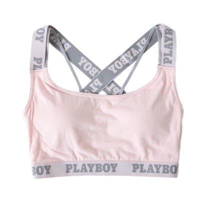 スポーツブラ ハーフトップ レディース スポブラ クロスバック 婦人 シンプル ブランド ヨガ M L LL ウォーキング ストレッチ PLAYBOY 下着 肌着 インナー PLAY BOY かっこいい バッククロス レイヤード 綿混 (在庫限り)