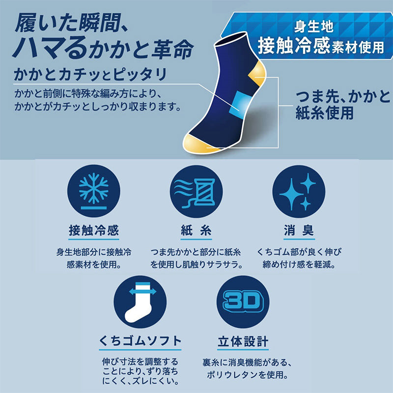 ビジネスソックス メンズ 通勤快足 冷感 ハーフ丈 メッシュ 接触冷感 24-26cm 26-28cm 消臭 立体設計 かかとフィット 紙糸 くちゴムソフト クルーソックス 靴下 ビジネス 通勤 紳士 ネイビー チャコール 外回り オフィス