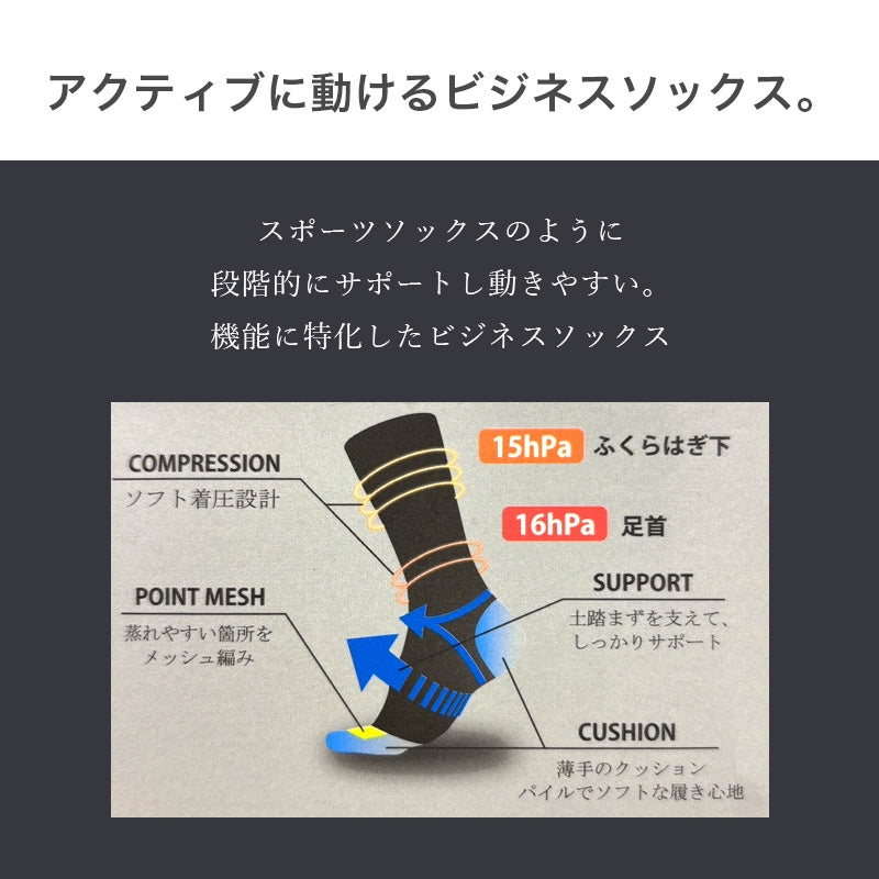 ビジネスソックス メンズ 着圧 クルーソックス 抗菌防臭 綿混 通気性 24-26cm 26-28cm メッシュ ソフト着圧 靴下 足首サポート ふくらはぎサポート かかとつま先補強 パイル 黒 紺 通勤 蒸れにくい 吸汗 ビジネス カジュアル オフィス