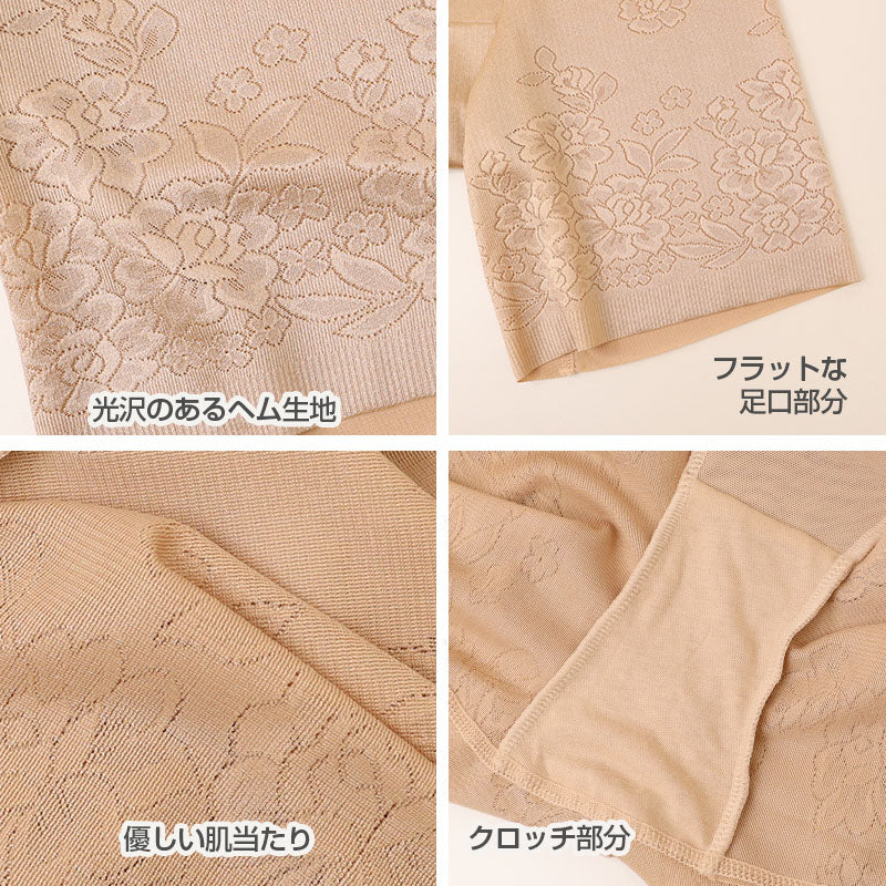 ショーツ レディース 3分丈 お腹押え パワーネット 足口フラット 花柄ジャガード ヘムショーツ アウターに響きにくい 下着 パンツ M L LL 婦人 女性 ミセス ミドル ひびきにくい 光沢 ロングショーツ 3分丈ショーツ パンツスタイル デイリー SLATTY