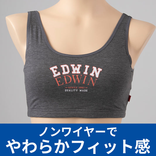 レディース ノンワイヤーブラ モールドカップブラ ハーフトップ EDWIN 綿 フィット感 着け心地 快適 優しい肌触り ストレッチ 動きやすい 快適 下着 インナー ブラジャー ロゴ入り 女子 M L 黒 グレー M・L