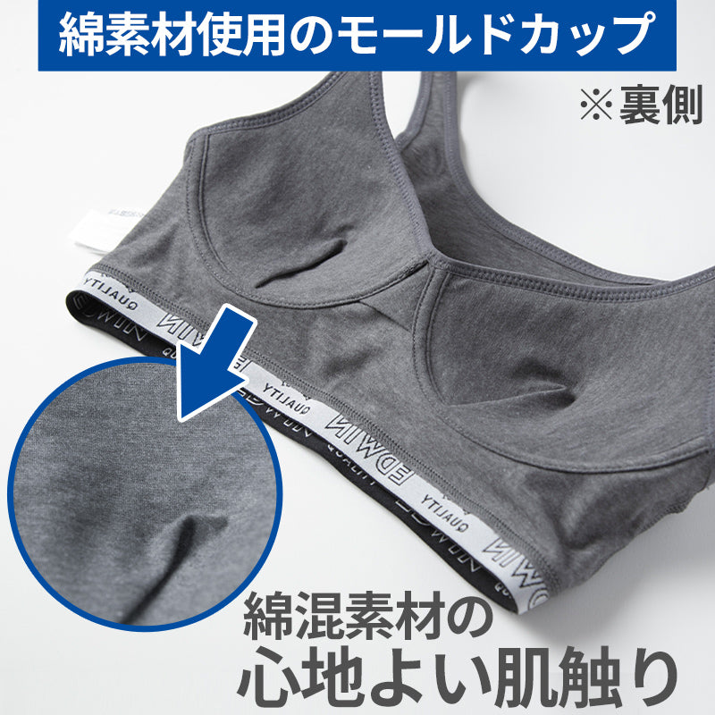 レディース ノンワイヤーブラ モールドカップブラ EDWIN 綿素材 フィット感 柔らかい 着け心地 快適 優しい肌触り ストレッチ 動きやすい 快適 下着 インナー ブラジャー ロゴ入り 女子 M L 黒 チャコール グレー