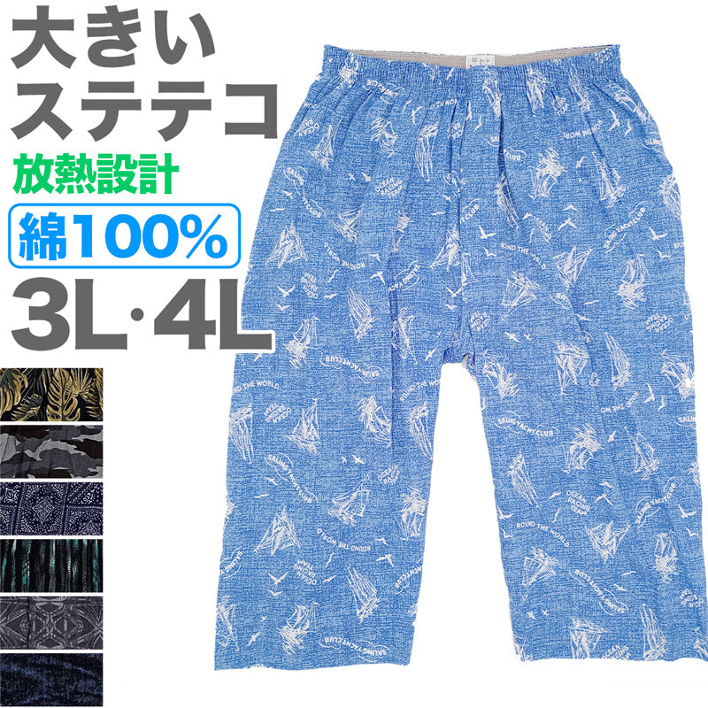 ステテコ メンズ 綿100% 夏 大きいサイズ 3L 4L クレープ 前開き 涼しい パジャマ ズボン 部屋着 ルームウェア パンツ ズボン下 M～LL すててこ 夏用 スーツ下 柄 おしゃれ 通気性 放熱 プレゼント ギフト (在庫限り)