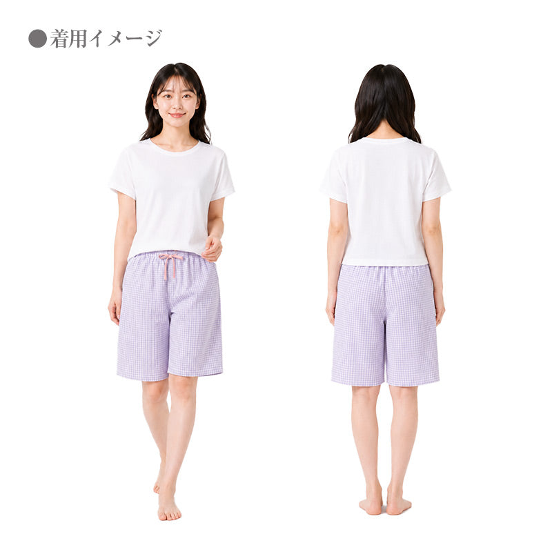 レディース ハーフパンツ 綿100 しじら ルームウェア 部屋着 パジャマ M L LL 下だけ ズボン 夏 涼しい 通気性 さらさら 肌に張り付かない ウエストゴム 紐付き ゴム取り替え口 膝丈 五分丈 女性 婦人 リラックス 寝間着 リラックスパンツ