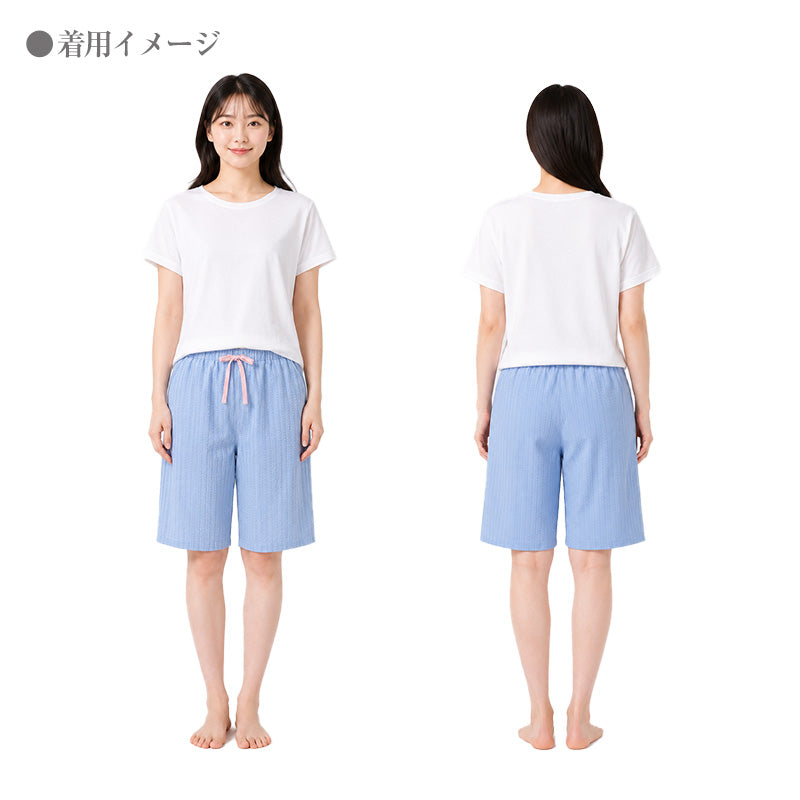 レディース ハーフパンツ ルームウェア サッカー生地 涼しい 夏 部屋着 パジャマ M L LL 下だけ ルームパンツ 綿混 薄手 通気性 さらさら 肌に張り付かない ウエストゴム ウエスト紐 ゴム交換可 短パン 半ズボン リラックスパンツ ナイトウェア