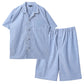 綿100 シャンブレー パジャマ メンズ 半袖 半パンツ 前開き 上下セット M L LL 夏 春夏 ルームウェア 部屋着 寝巻き 寝間着 紳士 男性 無地 薄手 軽い ゆったり ウエストパイルゴム ボタン式 ナイトウェア ホームウェア 父の日 ギフト 誕生日