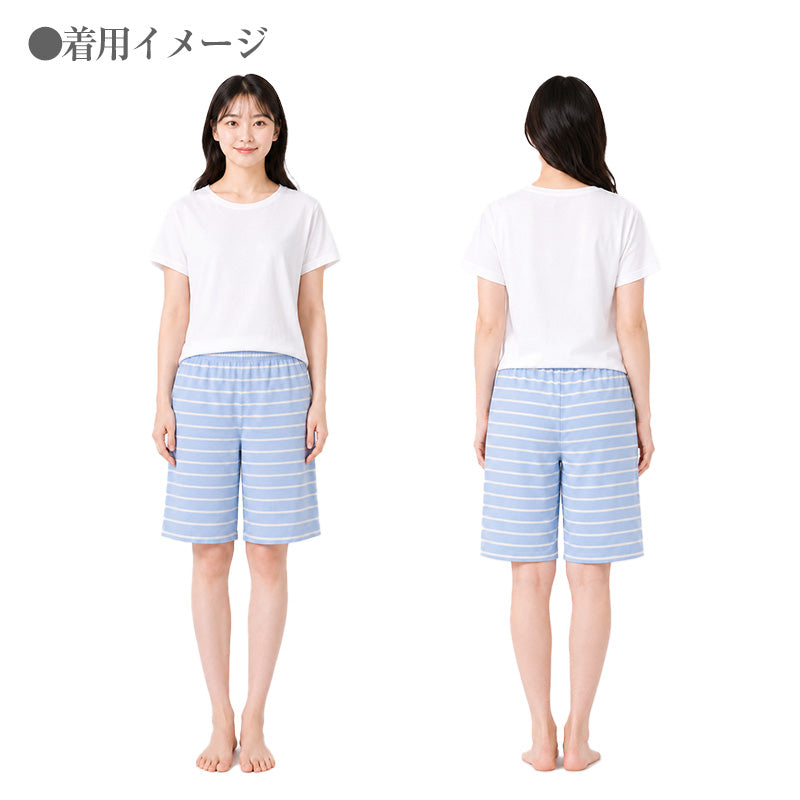 ルームパンツ レディース ハーフパンツ 綿混 天竺 膝上 部屋着 パジャマ下 M L LL 春夏 涼しい 伸縮 吸湿 ウエストゴム ウエスト紐 リラックスパンツ 短パン ショートパンツ やわらか さらっと 無地 婦人 グレー ブラック ピンク ブルー チャコール