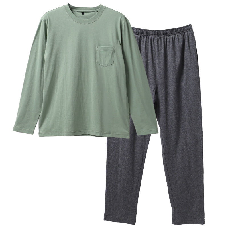 メンズ ルームウェア 上下セット 綿100 部屋着 パジャマ 無地 M L LL 長袖 セットアップ 紳士 男性用 リラックスウェア ワンマイルウェア 寝間着 普段着 ゆったり シンプル ポケット付き ウエストゴム 調整ひも付き コットン 天然素材 肌触り 快適 通気性 春夏