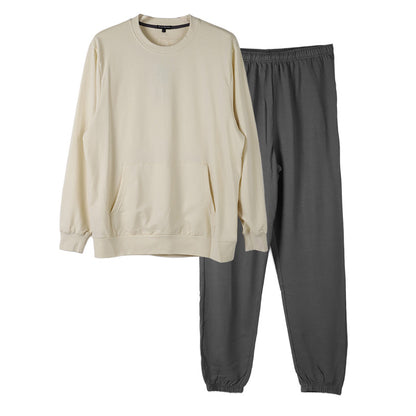 ルームウェア メンズ 綿100% パジャマ 長袖 上下セット 丸首 クルーネック 部屋着 M L LL 男性 紳士 無地 セットアップ シンプル リラックスウェア スウェット 長ズボン コットン マフポケット 裾しぼり ウエストひも ポケット付き 父の日 プレゼント ギフト
