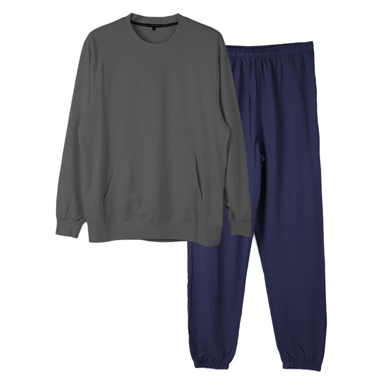 ルームウェア メンズ 綿100% パジャマ 長袖 上下セット 丸首 クルーネック 部屋着 M L LL 男性 紳士 無地 セットアップ シンプル リラックスウェア スウェット 長ズボン コットン マフポケット 裾しぼり ウエストひも ポケット付き 父の日 プレゼント ギフト