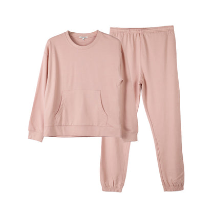 ルームウェア レディース 綿100 パジャマ 上下セット 保温 丸首 クルーネック 部屋着 M L LL ルームウェア 婦人 無地 セットアップ シンプル リラックスウェア 長袖 スウェット 長ズボン マフポケット 裾しぼり ウエストひも ポケット付き 母の日 プレゼント ギフト