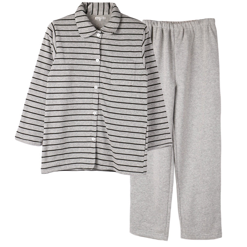 裏起毛 ルームウェア レディース パジャマ 上下セット 長袖 冬 保温 ボーダー シュール衿 部屋着 M L LL 婦人 セットアップ シンプル リラックスウェア 前開き ボタン  ふんわり やわらか 暖かい あったか 冷え対策 おしゃれ プレゼント ギフト